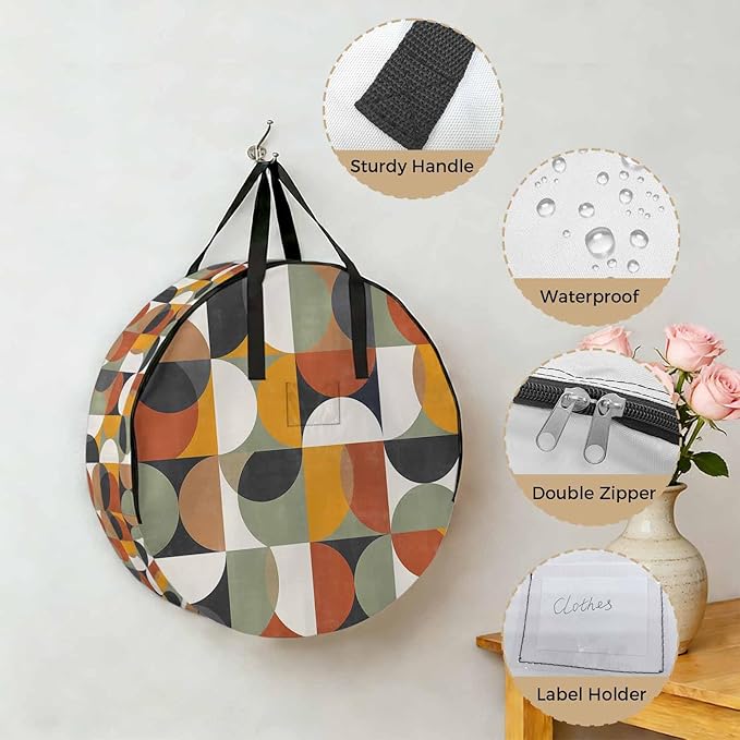 Storage Bag Mid Century Geometric Round Storage Totes Bins Closet Organizers with Zippers & Handle Abstract Modern Retro Clothes Storage Container for Bedroom Dorm Space Saving Packing Supplies Bags