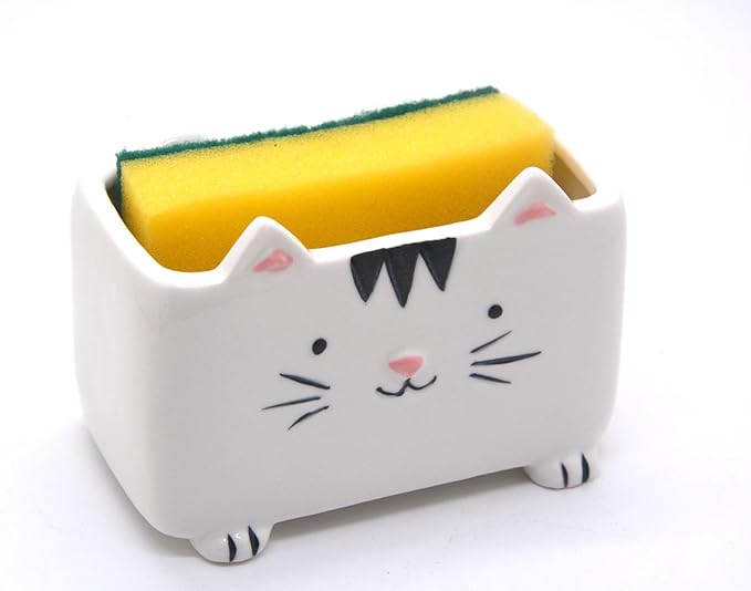 Cat Sponge Holder Ceramic Cat Soap Holder Cute Cat Decor Kitchen Accessories Cat Home Decor Ceramic Kitchen Sponge Holder Cat Gifts Ideal Gifts for Women Birthdays Valentines Day Gifts