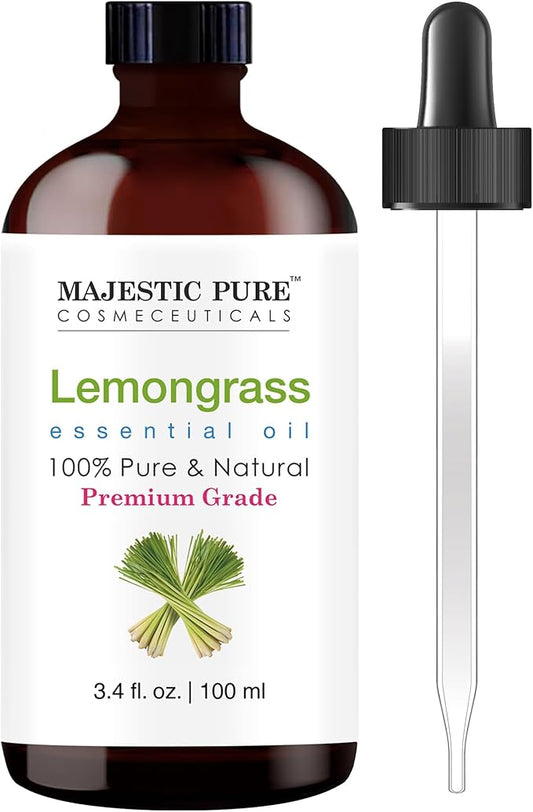 Majestic Pure Essential Oil with Glass Dropper - 100% Pure and Natural - Essential Oils for Diffuser, Aromatherapy, Soap and Candle Making, Lemongrass Essential Oil, Lemongrass Oil, 3.4 Fl Oz