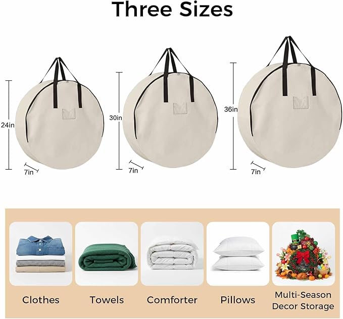 24 Inch Round Storage Bag 2 Pack,Modern Solid Color Cream Art Waterproof Wreath Storage Container with Handles&Zipper Simple Minimalist Style Closet Organizer Bags Garland Box