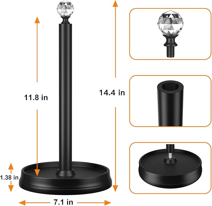 KASUNTO Paper Towel Holder, Steel Paper Towel Holder Countertop with Crystal Head for Kitchen Countertops, Bars & Dining Tables (Matte Black,2 Pack)