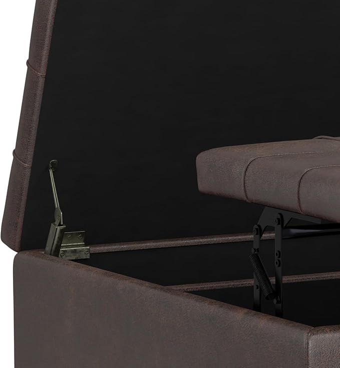 SIMPLIHOME Harrison Large Coffee Table Storage Ottoman - 40 inch Wide Upholstered Vegan Leather Square Lift-Top Ottoman in Distressed Brown, Transitional Bench for Living Room with Sturdy Base