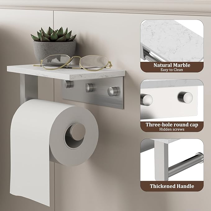 BWE Brushed Nickel Toilet Paper Holder with Marble Shelf, Toilet Paper Roll Holder Wall Mounted, Toilet Paper Roll Holder with Phone Shelf 304 Stainless Steel Tissue Holder for Bathroom Washroom