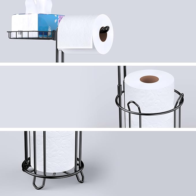 Meangood Freestanding Toilet Paper Holder Stand and Tissue Paper Roll Dispenser, Bathromm Storage Organization-Holds 4 Rolls -Metal Wire (Black, w/Shelf)