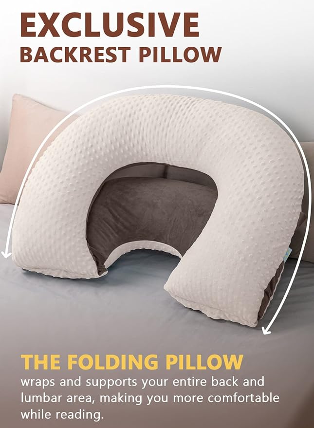 INSEN Reading Pillow, Back Pillow for Sitting in Bed for Reading, Nurse & Relax, Reading Pillow for Adults, Moms & Kids, Sit Up Pillow for Bed, Double-Sided Brown