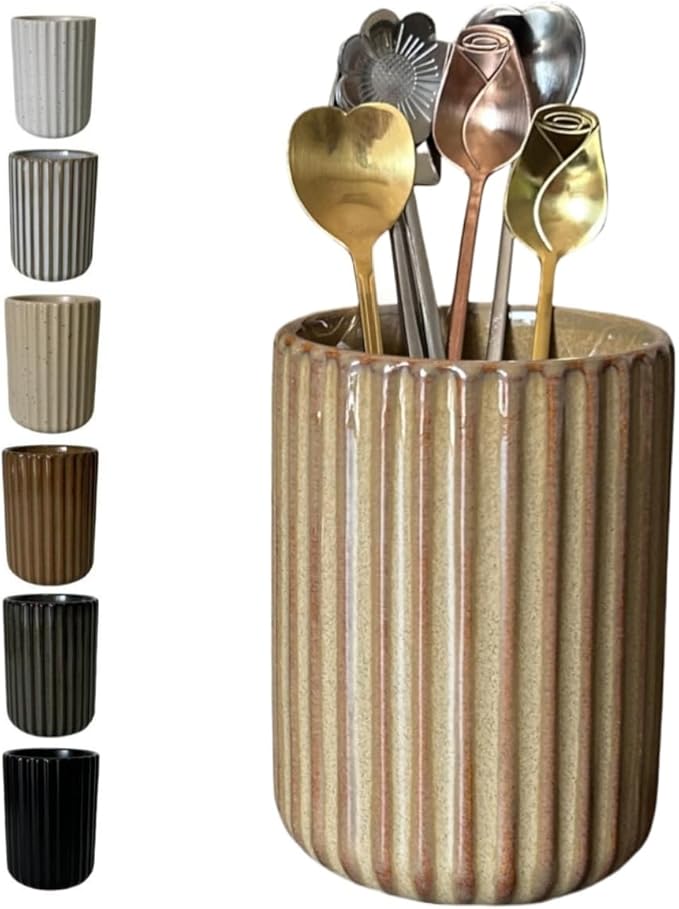 TOPYOKK Stoneware Coffee Bar Utensil Holder Tea & Coffee Spoon & Stirrer Holder for Stir Stick Straw Teaspoon Holder Spoon Cup Small Utensil Jar Fluted Vertical Stripe (Rustic Brown)