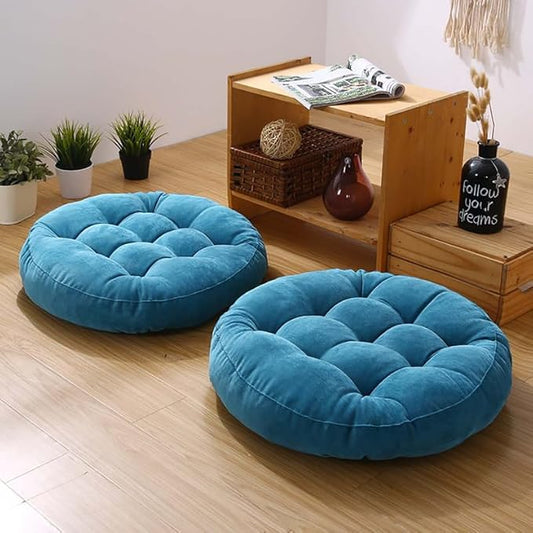 Meditation Floor Pillow Set of 2 Large Round Floor Cushions for Adults Tufted Corduroy Floor Seat Pillows Cushion for Living Room,Sky Blue 16.5" Lx16.5 Wx3 H
