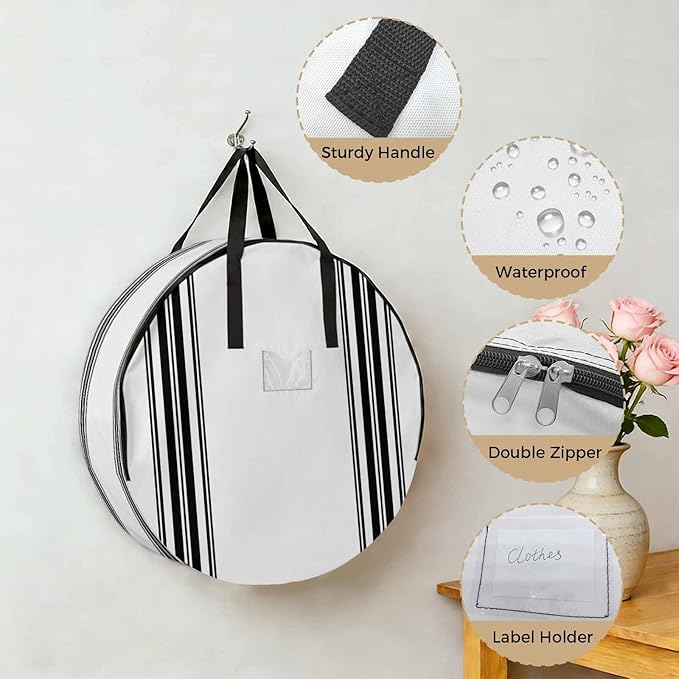 Storage Bag Black White Striped Round Storage Totes Bins Closet Organizers with Zippers & Handle Farmhouse Striped Clothes Storage Container for Bedroom Dorm Space Saving Packing Supplies Moving Bags