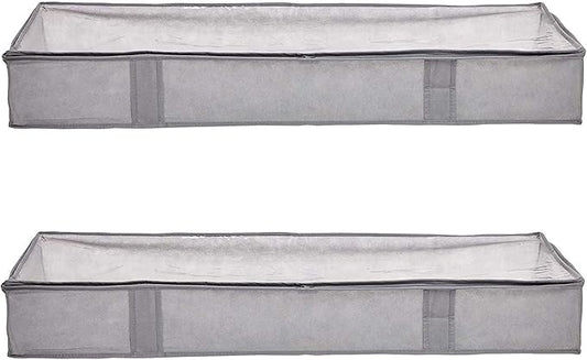 Amazon Basics Under Bed Storage Bags for Clothes and Blankets, Foldable Fabric Zipper Container with Clear Window and Reinforced Handles, Space Saving, 18 x 42 x 6 inches, Gray, 2-Pack