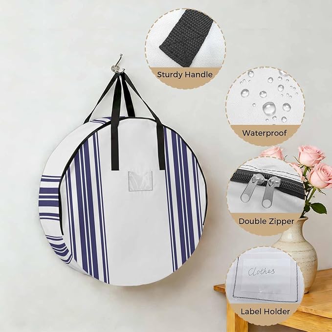 Storage Bag Blue Stripes Round Storage Totes Bins Closet Organizers with Zippers & Handle Simple Style Clothes Storage Container for Bedroom Dorm Space Saving Packing Supplies Moving Bags