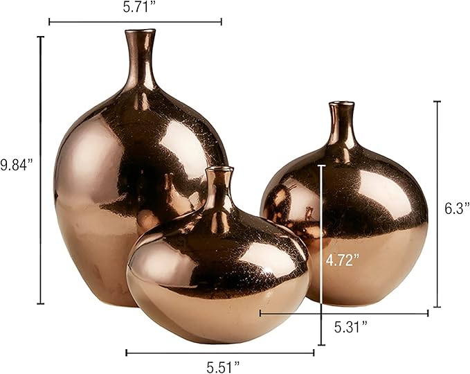 Madison Park Signature Ansen Ceramic Handmade Vase Set Home Décor - Metallic Accent Living Room Decoration Ideal for Shelf, Side Table, Mantle Ornaments, Multi Size, Bronze 3 Piece