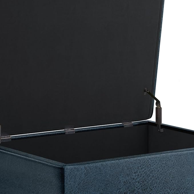 SIMPLIHOME Owen Coffee Table Storage Ottoman - 34" Wide x 19" High Upholstered Vegan Leather Rectangular Lift-Top Ottoman in Distressed Dark Blue, Mid-Century Modern Bench with Tapered Legs