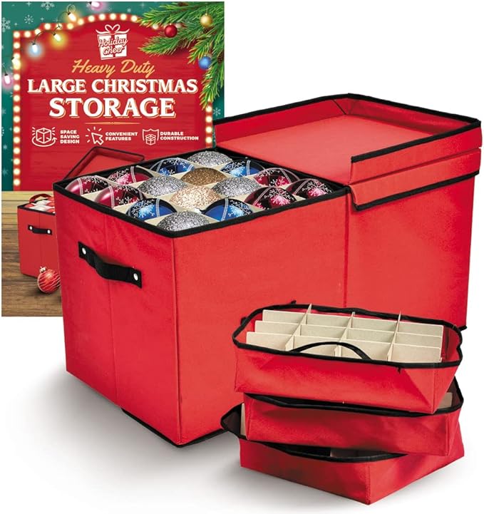 Holiday Cheer Premium Christmas Ornament Storage with 8 Tray – Christmas Storage Container with Dividers Perfect for Holiday Decorations– Fits 128 Holiday Ornaments – Tear-Proof Fabric