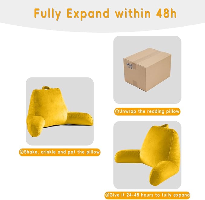OAISZ Reading Pillow for Sitting in Bed Adult, X-Large Reading Pillow with Shredded Memory Foam, Back Pillow for Sitting Up with Extend Arms, Pockets, Bed Pillow with Washable Cover, Yellow