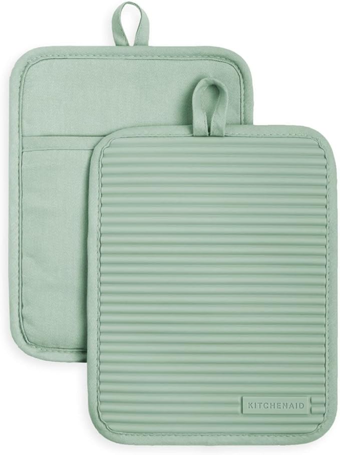 KitchenAid Ribbed Soft Silicone Pot Holder 2-Pack Set, Pistachio Green, 7"x9"