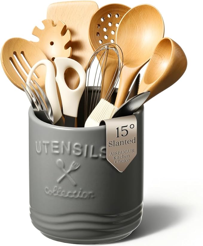 AISBUGUR Large Ceramic Utensil Holder 7.5" H×6.3" W with Slanted Mouth - Utensil Crock with Non-Slip Cork Base for Kitchen Counter, Ideal for Decor & Gift,Grey