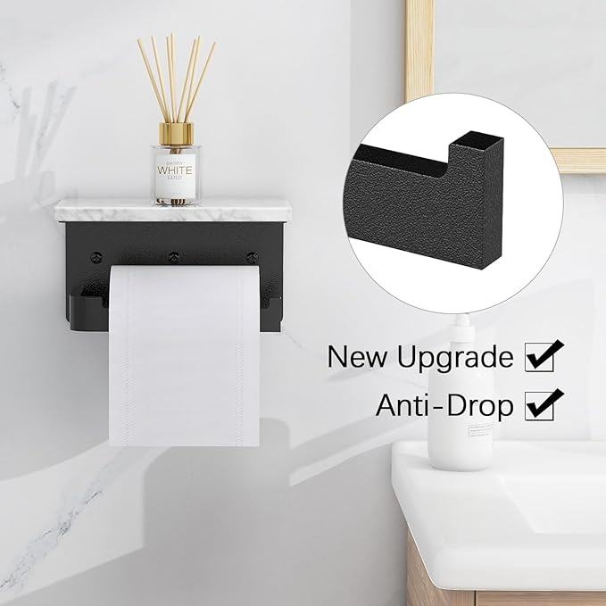 Gypie Toilet Paper Holder with Shelf, Extended Base Wall Mounted, Marble Toilet Roll Holder Black for Bathroom Washroom