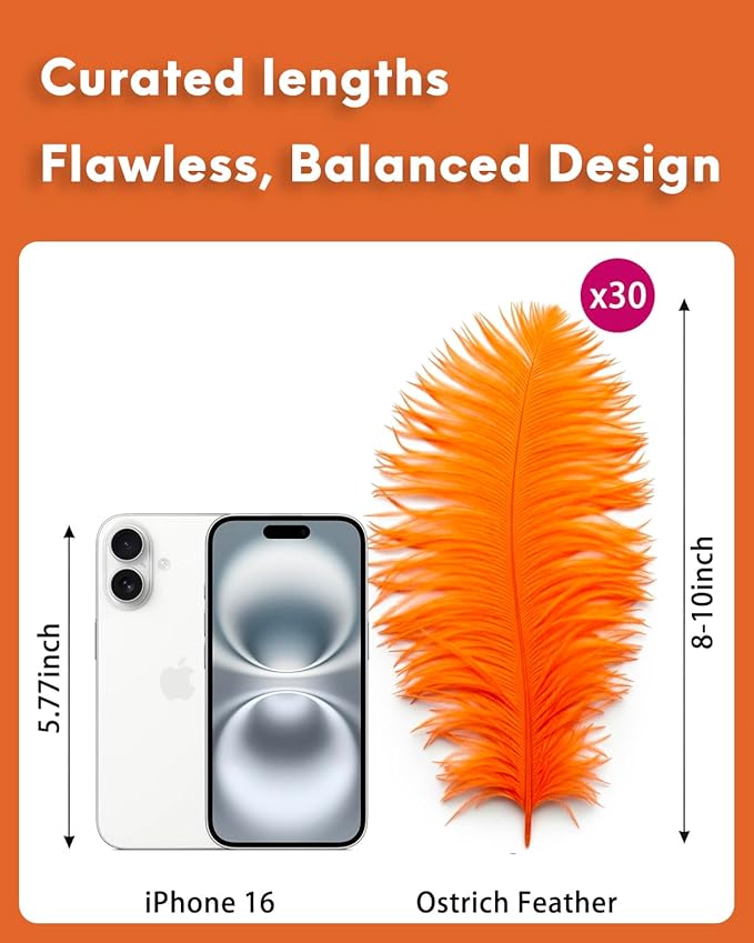 30pcs Orange Ostrich Feathers Natural Bulk 8-10in（20-25cm） Vase Craft Wedding Home Party Centerpieces Christmas Day Decoration