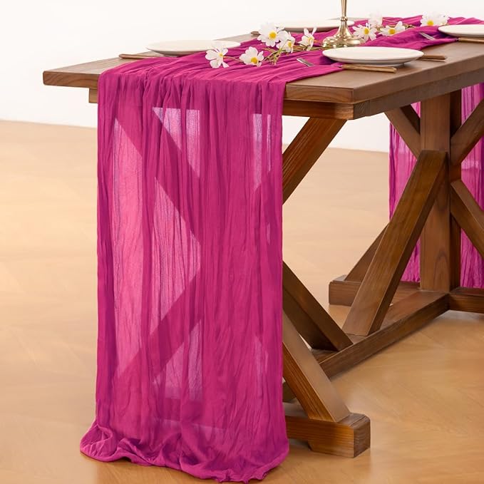 Socomi Hot Pink Spring Easter Cheesecloth Table Runner Fuchsia Boho Rustic Gauze 120 inch 10FT Cheese Cloth Runner for Wedding Party Baby Shower Birthday Home Decor