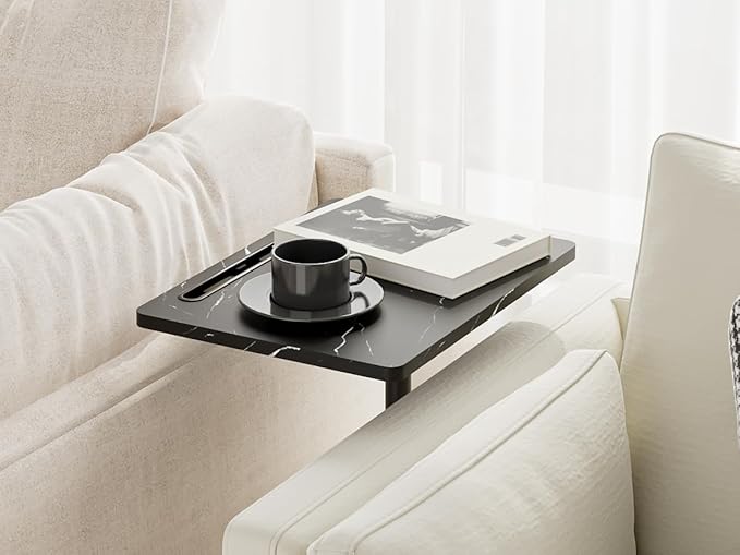 Masupu Sofa Arm Tray Table - 360° Swivel Height Adjustable End Table, Small Snack Side Table for Couch, C Shaped Table for Bed, Chair or TV Tray Table(Marble Black)