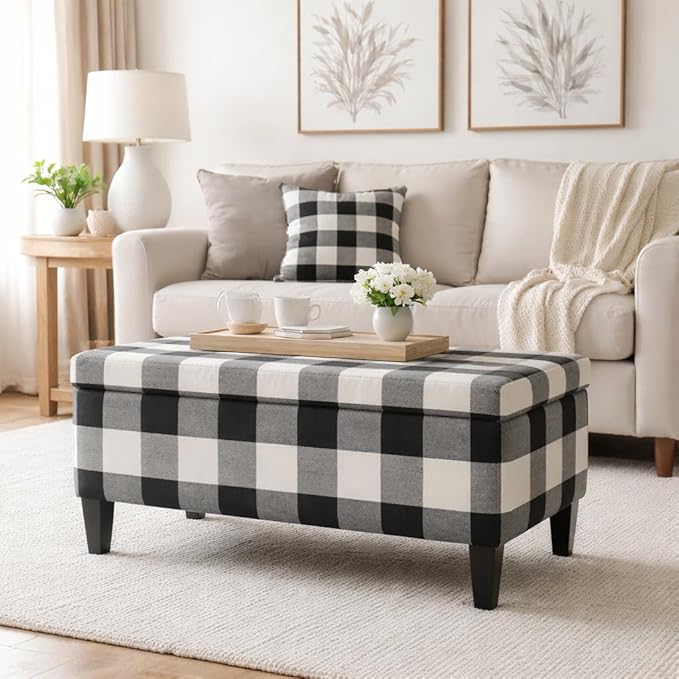 HomePop Large Upholstered Rectangular Storage Ottoman Bench with Hinged Lid, Black Buffalo Plaid