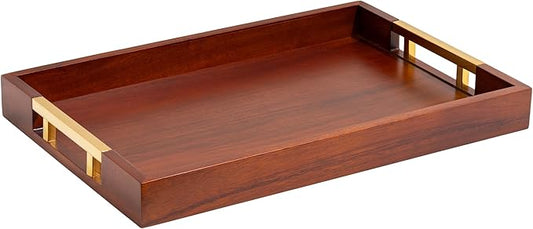 Acacia Wood Serving Tray with Polished Gold Stainless Steel Metal Handles, 17.5x12in, Ottoman Food Drinks Coffee Table, Breakfast, Dinner & Bar, Kitchen, Bedroom, Gift, Luxury Tray. Mens Display.