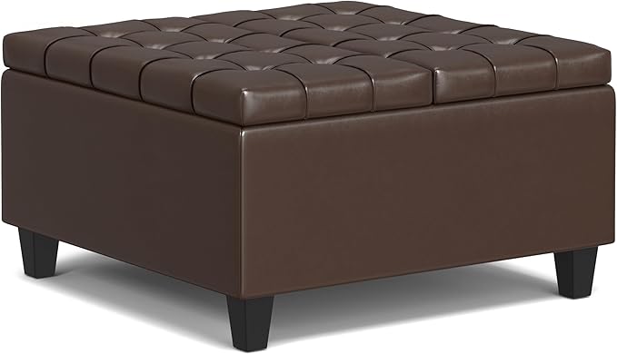 SIMPLIHOME Harrison Small Coffee Table Storage Ottoman - 30 inch Wide Upholstered Vegan Leather Square Lift-Top Ottoman in Chocolate Brown, Transitional Ottoman for Living Room with Hidden Storage
