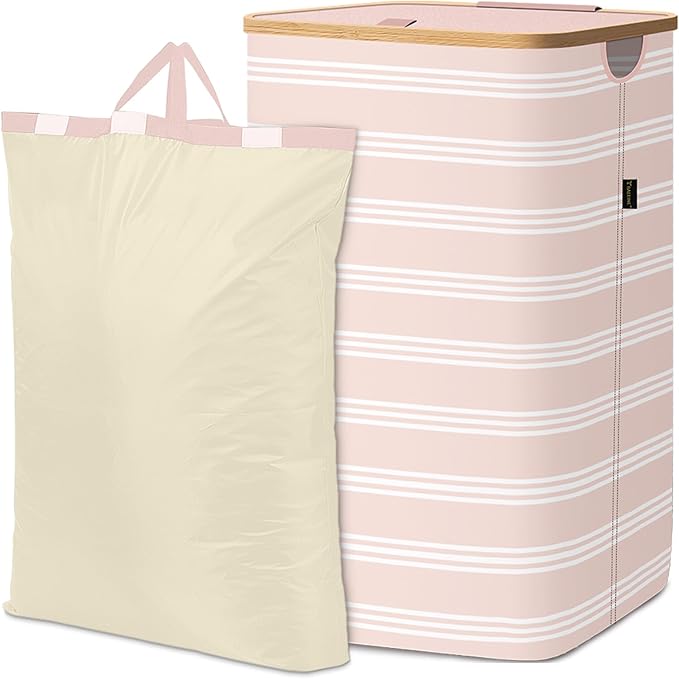 BALEINE Laundry Hamper with Lid, Tall Laundry Baskets with Bamboo Pull Handles, Large Laundry Bin with Internal Support (26 Gal/100L, Pink Pinstripe)