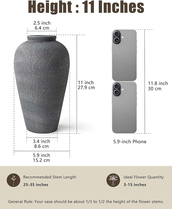 Large Ceramic Flower Vase 11 Inches, YBX Black Rustic Ceramic Vase, Decorative Farmhouse Tall Vase for Home Decor, Living Room, Bedroom, Centerpieces, Console, Wedding, Table Decorations, Black