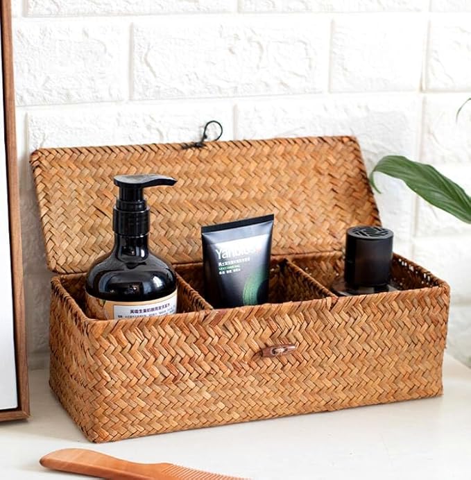 EatingBiting 13"x5" Seagrass Storage Basket with Lid Rectangular Small Woven Shelf Baskets Organize Hand Woven Storage Baskets Dust Clothing Storage-Box Wardrobe Container Sundries Organizer 3 Grids