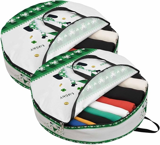 30 Inch Round Storage Bag 2 Pack,St. Patrick's Day Dwarf and Gold Coin Waterproof Wreath Storage Container with Handles&Zipper Clover Buffalo Checker Closet Organizer Bags Garland Box