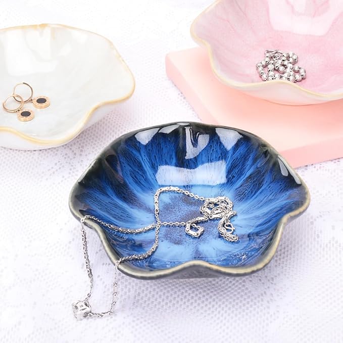 Blue Ceramic Leaf Jewelry Tray, Small Ring Dish Holder, Key Bowl, Trinket Catch-all for Nightstand or Entryway Table Decor