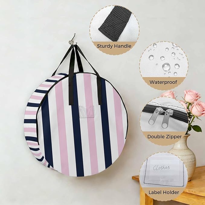 Storage Bag Navy Blue Pink Stripes Round Storage Totes Bins Closet Organizers with Zippers & Handle Contrast Striped Clothes Storage Container for Bedroom Dorm Space Saving Packing Supplies Bags
