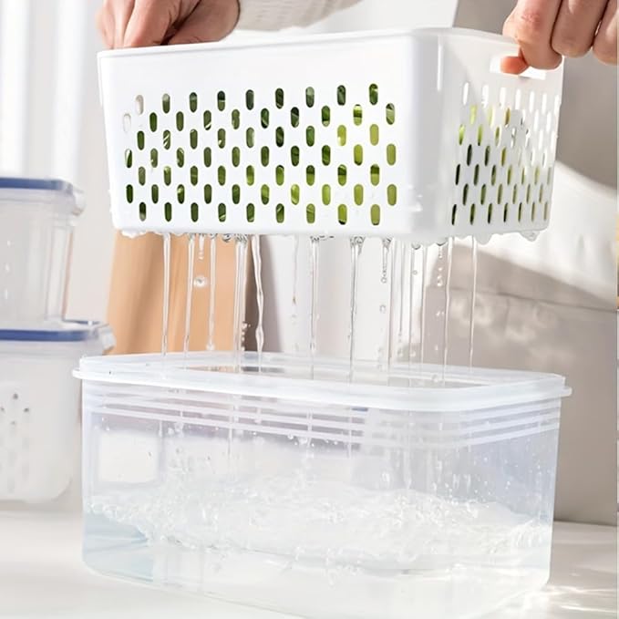 2 Pcs Fruit Storage Containers for Fridge,with Removable Colanders and Lid Food Storage Containers Fruit Washing Bowl for Salad Vegetables Meat Keeper Fresh(COLOR:Clear White)