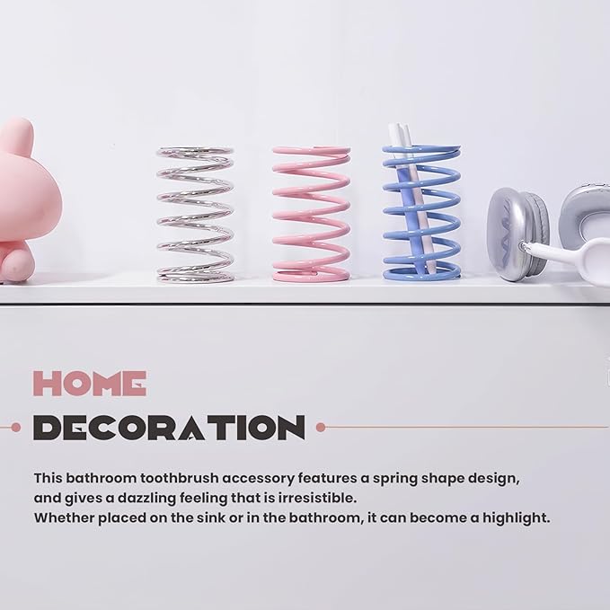 Spring Toothbrush Holder, Stainless Steel Spring Shaped Desktop Toothbrush Holder, Multifunctional Pen Holder Makeup Brush Toothbrush Storage for Bathroom Tabletop Dressing Table and Sink (Pink)