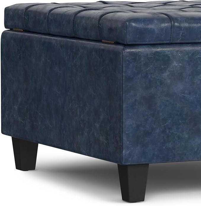 SIMPLIHOME Harrison Small Coffee Table Storage Ottoman - 30 inch Wide Upholstered Vegan Leather Square Lift-Top Ottoman in Denim Blue, Transitional Ottoman for Living Room with Hidden Storage