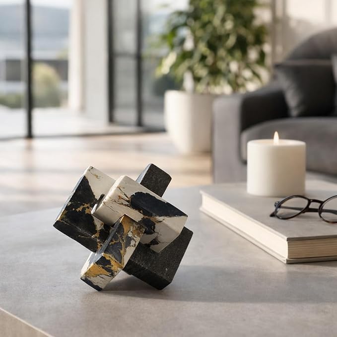 Geometric Home Decor Marble Sculpture for Living Room and Bathroom - Modern Glam Figurine Ornaments for Office Shelf Display - Modern Stone Accent for Coffee Table and Room Decor - 5", Black & White