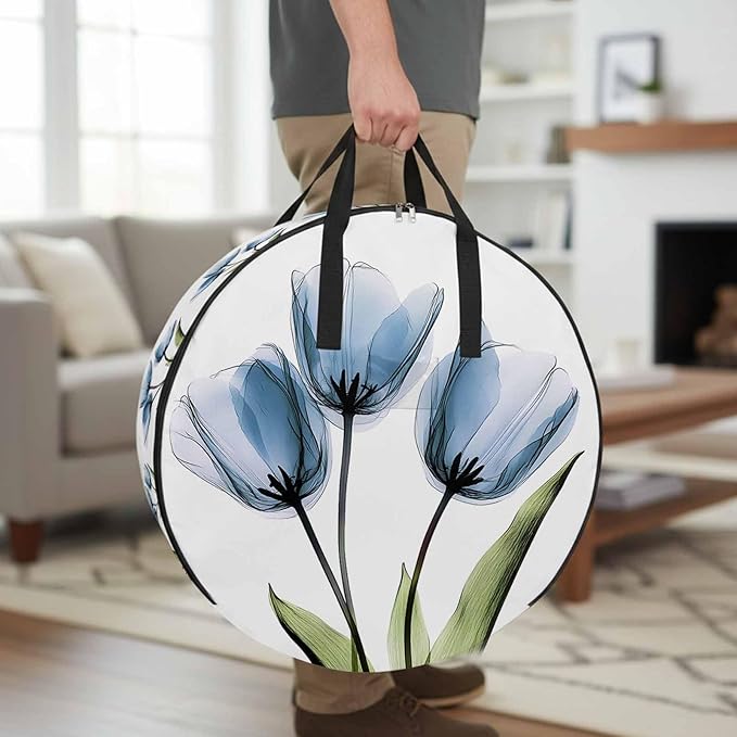 Blue Tulip Round Storage Bag 36 Inch, Country Flower Pastoral Style Clothes Storage Container with Handles Heavy Duty Organizer for Comforter, Bedding & Holiday Wreaths