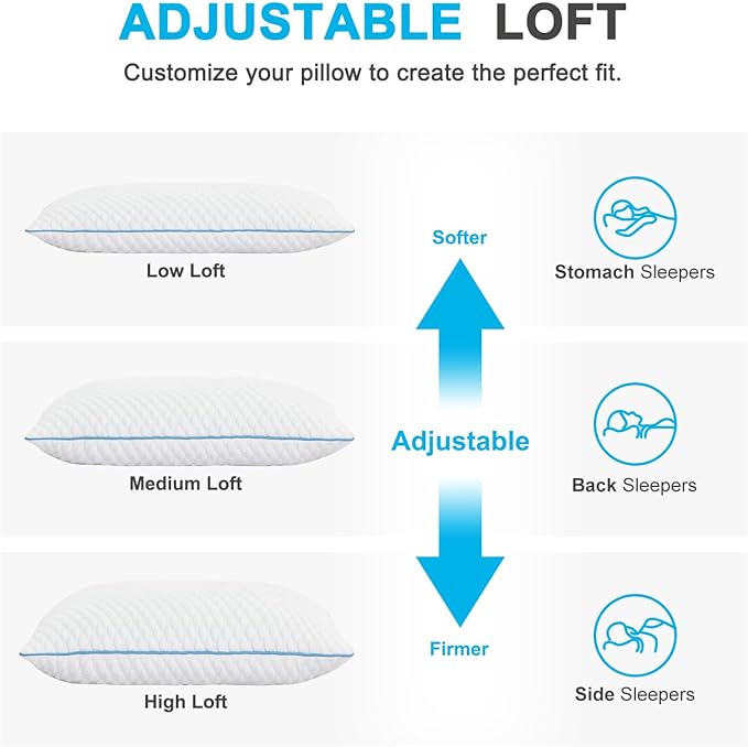 VVZ Cooling Bed Pillows Standard Size Set of 4,Shredded Memory Foam Pillows with Gel, Adjustable Firmness for Side, Back, Stomach Sleepers, 20x26, White