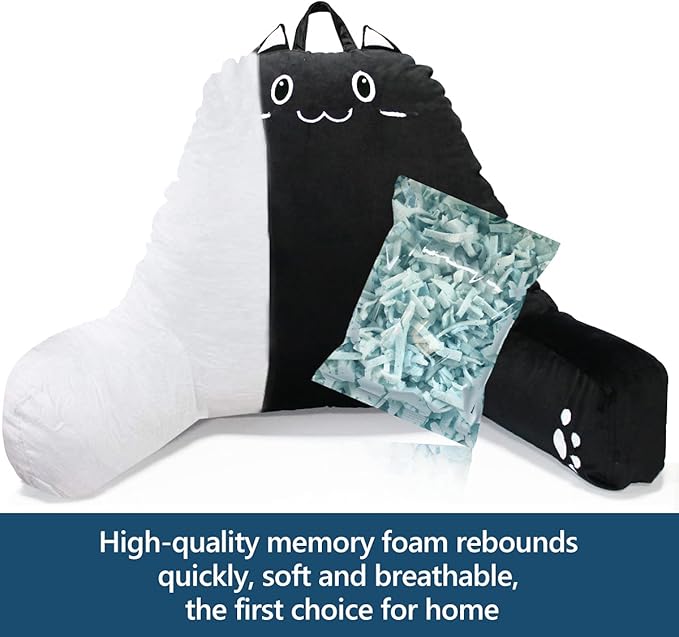 SUNSIDE Kitty Reading Pillow for Sitting in Bed, Shredded Memory Foam Cute Back Pillows for Adult and Children with Arms, Cat Design Bed Pillow, Back Support Pillow with Washable Cover
