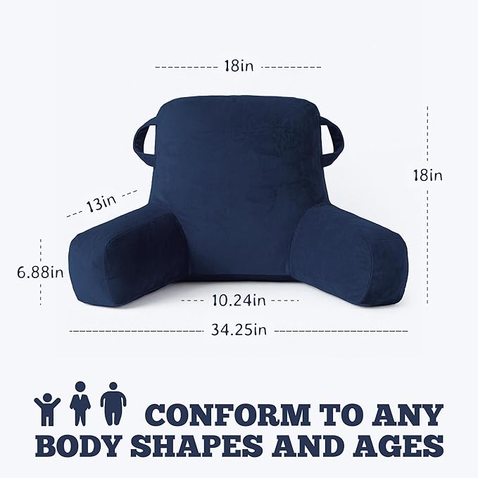 Unisakey Portable Comfy Reading Pillows for Bed Sitting Up(Royal Blue Oeko-Tex), Velvet Back Pillow with Arms & Pockets for Adults, Support Memory Foam Bed Pillow for Dorm/Reading/Watching/Gaming