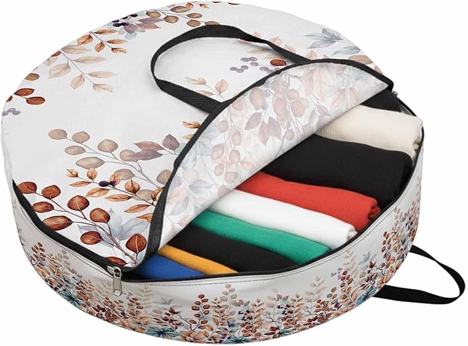 Storage Bag Autumn Eucalyptus Leaves Round Storage Totes Bins Closet Organizers with Zippers & Handle Teal Orange Leaf Berry Branch Clothes Storage Container for Bedroom Space Saving Packing Supplies