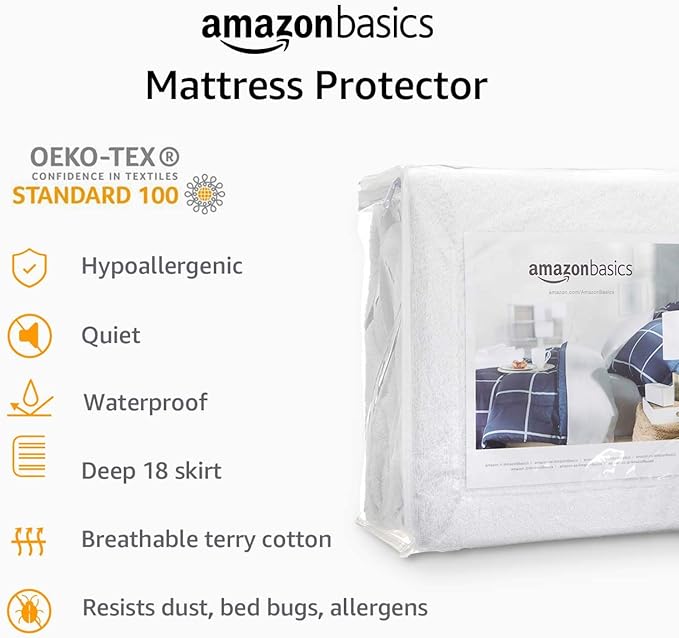 Amazon Basics Waterproof Breathable Mattress Protector, Full Size, 18 inch Deep, Machine Washable, White