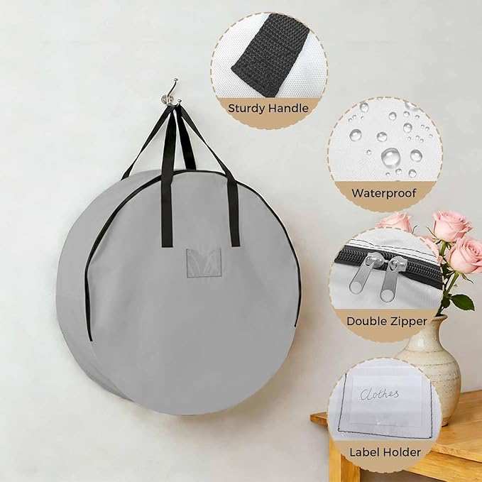 30 Inch Round Storage Bag 2 Pack,Grey Solid Color Waterproof Wreath Storage Container with Handles&Zipper Minimalist Art Closet Organizer Bags Garland Box