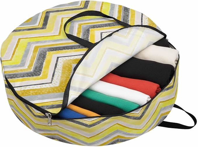 Storage Bag Yellow Grey Chevron Round Storage Totes Bins Closet Organizers with Zippers & Handle Geometric Design Stripe Clothes Storage Container for Bedroom Dorm Space Saving Packing Supplies Bags