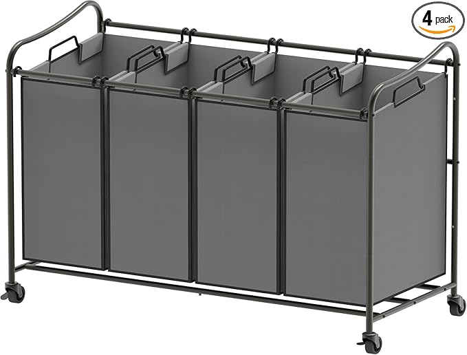 Simple Houseware 4-Bag Heavy Duty Laundry Sorter Rolling Cart, Dark Grey