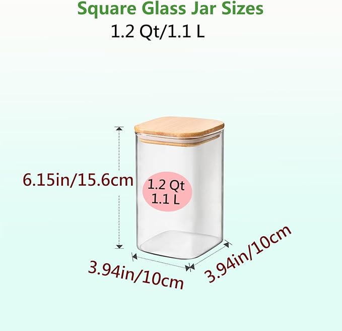 VIEWELLD 1.2 Qt Square Glass Storage Containers with Lids, glass jar with airtight lid, Glass Canister for Pantry Cookie Cereal Rice Sugar Tea Coffee Beans Spice, Square Set of 4