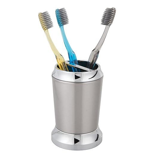 iDesign Stainless Steel Bathroom Counters-Set of 2 Toothbrush Holder, Pack of 2, Brushed/Chrome Split Finish