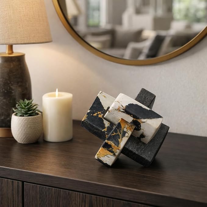 Geometric Home Decor Marble Sculpture for Living Room and Bathroom - Modern Glam Figurine Ornaments for Office Shelf Display - Modern Stone Accent for Coffee Table and Room Decor - 5", Black & White