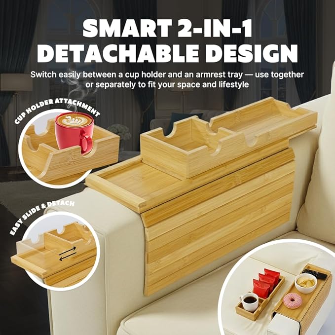 Bamboo Couch Cup Holder Tray, Sofa Arm Tray, Lab Tray with Detachable Design | Anti-Slip Foldable Sofa Armrest Table for Snacks, Drinks, Donuts, Phone & Remote | Anti-Falling Couch Organizer